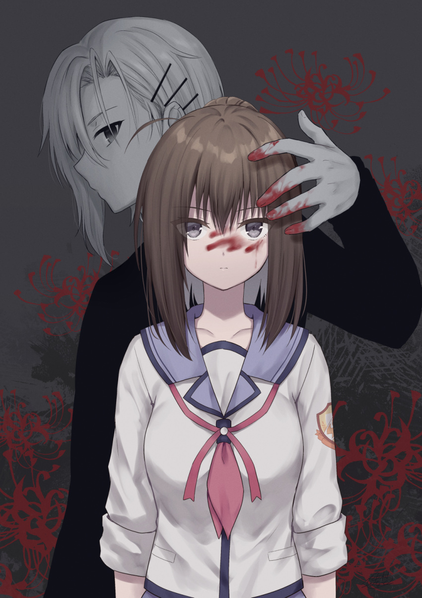 angel_beats! black_shirt blood blood_on_face blood_on_hands breasts brown_hair character_request closed_mouth collarbone commentary_request flower grey_background grey_eyes hair_between_eyes hair_ornament hairclip highres hisako_(angel_beats!) looking_at_viewer medium_breasts nakamura_hinato purple_skirt red_flower school_uniform shirt short_sleeves simple_background skirt spider_lily white_shirt