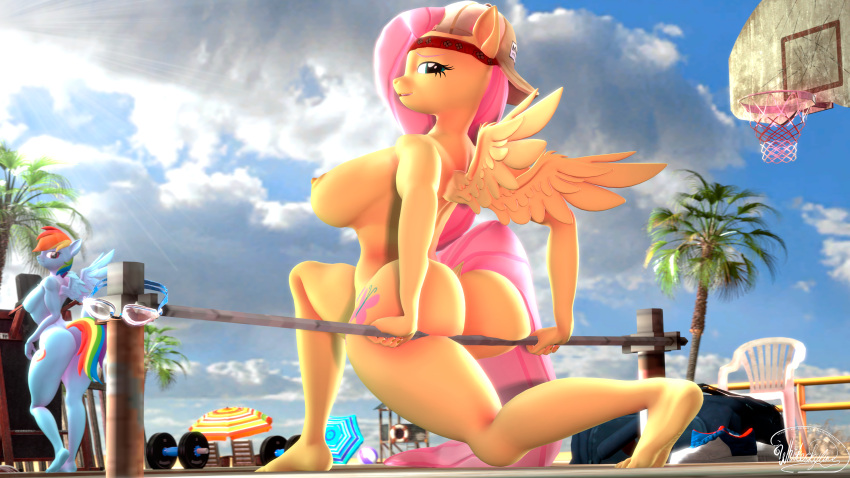 3d_(artwork) absurd_res anthro anthrofied big_breasts big_butt blue_body blue_feathers breasts butt clothing cloud digital_media_(artwork) dumbbell duo equid equine feathers female fluttershy_(mlp) friendship_is_magic hair hasbro hat headgear headwear hi_res looking_at_viewer looking_back looking_back_at_viewer mammal my_little_pony nipples nude outside pegasus pink_hair rainbow_dash_(mlp) thick_thighs umbrella weights whiteskyline wings