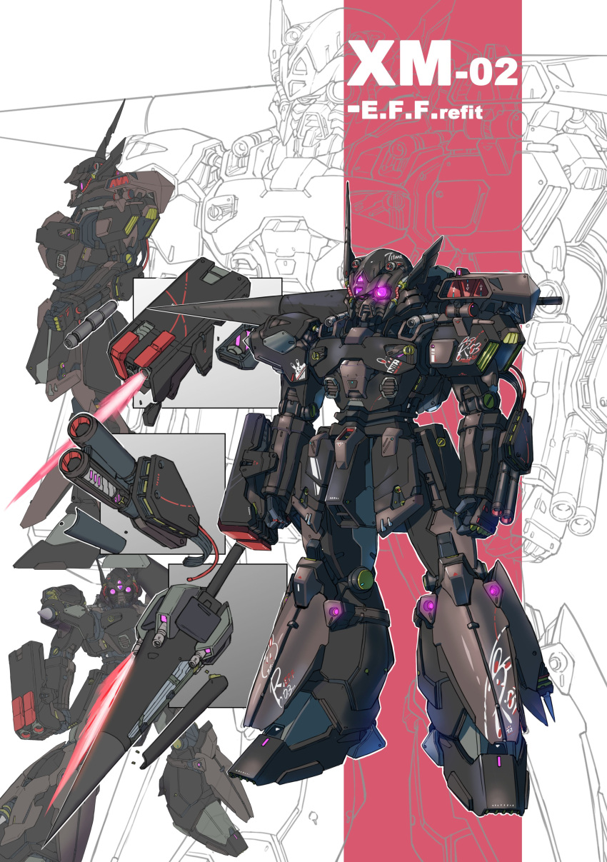 absurdres arm_cannon arms_at_sides clenched_hands commentary_request den'an_gei energy_gun full_body glowing glowing_eyes gundam gundam_f91 highres looking_ahead mecha missile_pod mobile_suit multiple_views niao_san_shi no_humans purple_eyes radio_antenna redesign robot science_fiction standing weapon