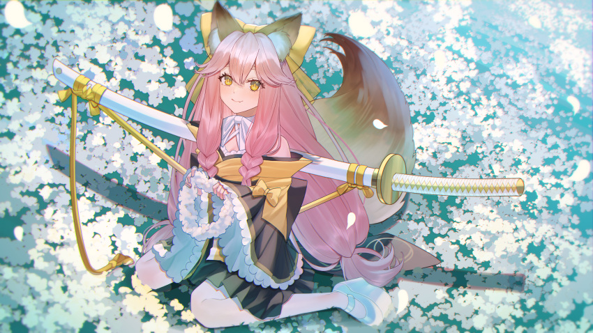 1girl absurdres animal_ear_fluff animal_ears bare_shoulders black_skirt bow braid breasts fate/samurai_remnant fate_(series) field flower flower_field fox_ears fox_girl fox_tail hair_between_eyes hair_bow highres japanese_clothes katana kimono light_(nightty45) long_hair looking_at_viewer obi off_shoulder pink_hair sash sidelocks sitting skirt small_breasts solo sword tail tamamo_(fate) tamamo_aria_(fate) thighhighs twintails wariza weapon white_thighhighs wide_sleeves yellow_bow yellow_eyes yellow_kimono