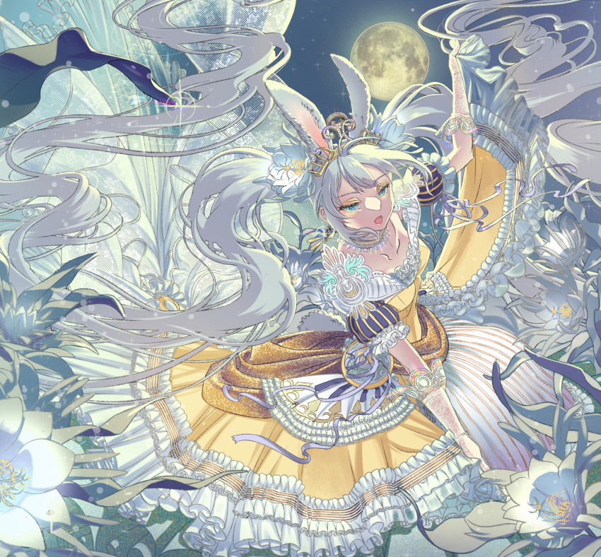 1girl animal_ears aqua_eyes bare_shoulders breasts dangle_earrings double-parted_bangs dress earrings epiphyllum eyeshadow feet_out_of_frame floating_clothes floating_hair flower frilled_dress frills full_moon gloves hair_flower hair_ornament hand_up hatsune_miku hayosena high-low_skirt highres jewelry kemonomimi_mode lace lace_gloves layered_dress lipstick long_hair makeup moon multicolored_clothes multicolored_dress musical_note_earrings necklace night off-shoulder_dress off_shoulder open_mouth pink_lips puffy_short_sleeves puffy_sleeves purple_ribbon rabbit_ears rabbit_girl rabbit_tail ribbon short_sleeves skirt_hold sleeve_ribbon small_breasts solo striped_clothes striped_dress tail tiara twintails very_long_hair vocaloid white_dress white_flower white_gloves yellow_dress yellow_eyeshadow