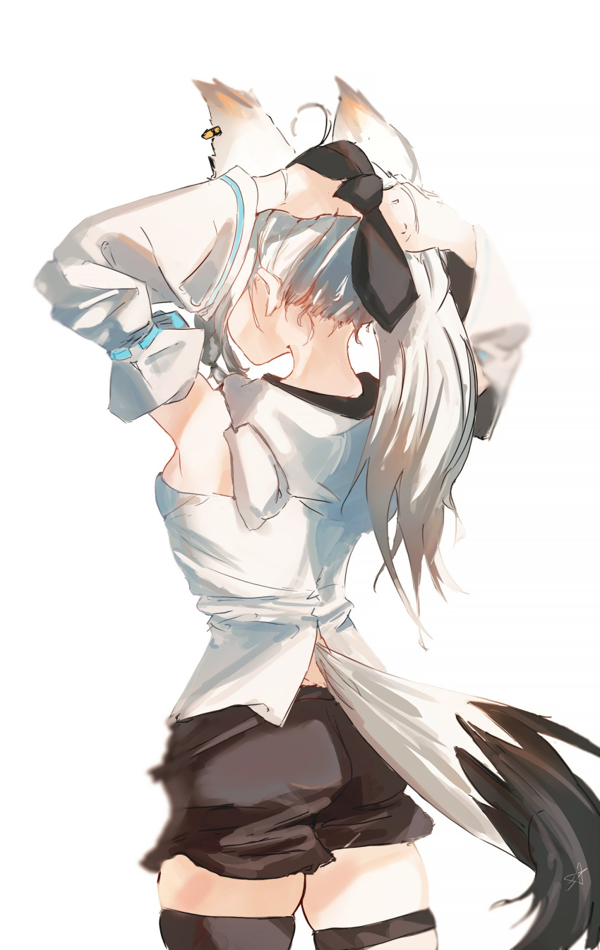 1girl absurdres ahoge animal_ear_fluff animal_ears black_bow black_shorts black_thighhighs bow commentary_request detached_sleeves earrings fox_ears fox_girl fox_tail from_behind hair_bow highres hololive hood hoodie jewelry long_hair pentagram retrocreature shirakami_fubuki shirakami_fubuki_(1st_costume) short_shorts shorts sidelocks simple_background single_thighhigh solo tail thigh_strap thighhighs tying_hair virtual_youtuber white_background white_hair white_hoodie