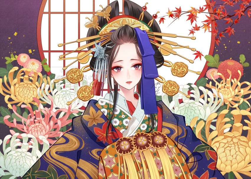 1girl asa_no_ha_(pattern) bangs_pinned_back black_hair blue_jacket blue_ribbon branch butterfly_hair_ornament chrysanthemum crying crying_with_eyes_open dahlia eyeshadow floral_print flower hair_ornament hair_ribbon hair_stick haori highres jacket japanese_clothes kanzashi kimono lattice layered_clothes layered_kimono leaf leaf_print lipstick looking_at_viewer makeup maple_leaf maple_leaf_print nekozuki_yuki nihongami obi oiran original parted_lips pink_flower purple_background purple_eyes red_eyeshadow red_flower red_lips ribbon rouge_(makeup) round_window sash solo tassel tears upper_body watermark white_flower window yellow_flower