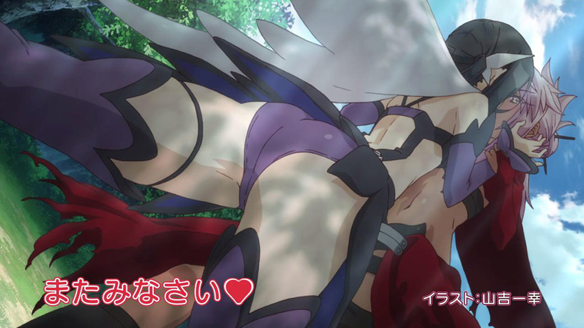 arm_grab artist_name ass black_hair cape chloe_von_einzbern detached_sleeves end_card fate/kaleid_liner_prisma_illya fate_(series) jpeg_artifacts kiss leotard long_hair magical_girl midriff miyu_edelfelt multiple_girls navel screencap short_hair short_shorts shorts thighhighs waist_cape white_hair yamayoshi_kazuyuki yuri