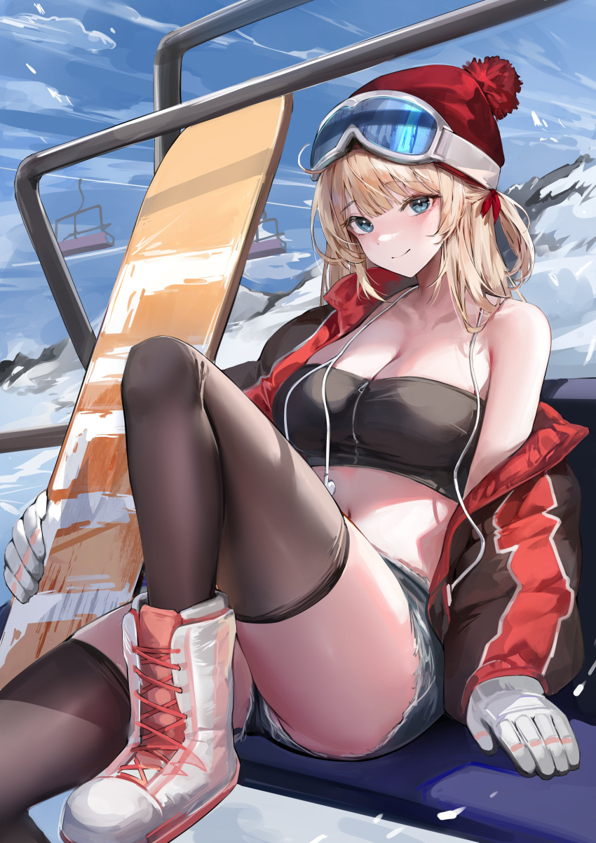 1girl absurdres bandeau black_thighhighs blonde_hair blue_eyes boots breasts cleavage commentary_request foot_out_of_frame gloves goggles goggles_on_headwear highres jacket knee_up large_breasts legs lillly looking_at_viewer medium_hair midriff navel off_shoulder open_clothes open_jacket original outdoors red_headwear single_bare_shoulder sitting smile snow snowboard solo stomach strapless thighhighs thighs tube_top white_footwear white_gloves