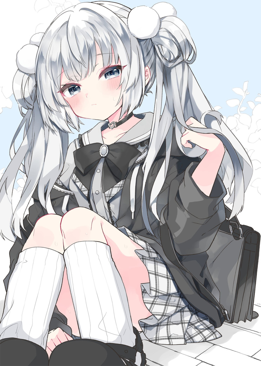 1girl black_bow black_bowtie black_choker black_footwear black_jacket blunt_bangs blush bow bowtie breasts choker double_bun dutch_angle frown gem grabbing_own_hair grey_eyes grey_hair hair_bun hair_ornament hand_up highres jacket kamiyoshi_rika knee_up kneehighs long_hair long_sleeves looking_at_viewer medium_breasts on_ground open_clothes open_jacket original plaid plaid_skirt pleated_skirt pom_pom_(clothes) pom_pom_hair_ornament puffy_long_sleeves puffy_sleeves sailor_collar school_uniform sidelocks simple_background sitting skirt socks solo striped_clothes striped_socks twintails white_socks