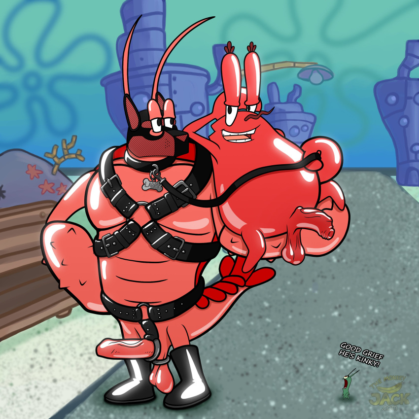 absurd_res animal_mask anthro arthropod balls collar crab crustacean decapoda duo genitals hi_res humanoid_genitalia humanoid_penis larry_the_lobster leash lobster malacostracan male male/male marine mask mr._krabs name_tag nickelodeon outside penis plankton_(species) pup_mask sheldon_j._plankton spongebob_squarepants yoshoblue