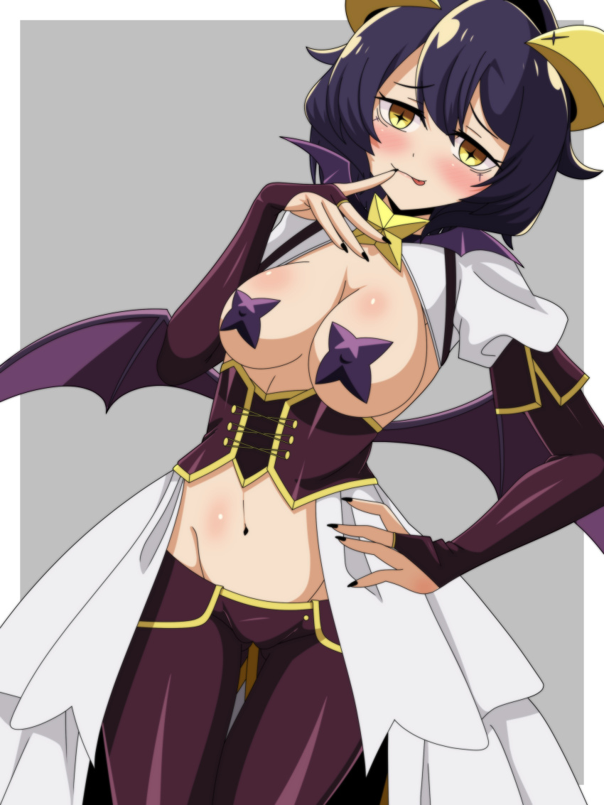 1girl absurdres black_hair black_nails black_pants black_pasties blush breasts closed_mouth demon_girl demon_wings finger_to_mouth grey_background hand_on_own_hip highres hiiragi_utena large_breasts looking_at_viewer magical_girl mahou_shoujo_ni_akogarete navel otozato_yomi pants pasties short_hair simple_background smile solo star-shaped_pupils star_(symbol) star_pasties symbol-shaped_pupils tongue wings yellow_eyes