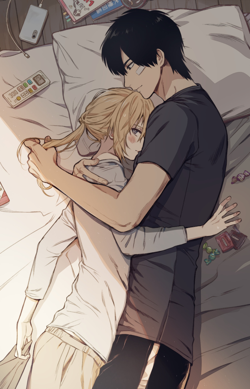 2boys bandaid bandaid_on_cheek bandaid_on_face black_hair black_shirt blue_eyes blush cellphone couple cuddling food from_above from_side futon hair_between_eyes highres hug light_rays long_hair looking_at_another looking_to_the_side male_focus multiple_boys okusawa_ritsu on_bed original otoko_no_ko pajamas phone playing_with_another's_hair ponytail profile shirt short_hair shy sweets upper_body white_shirt yaoi