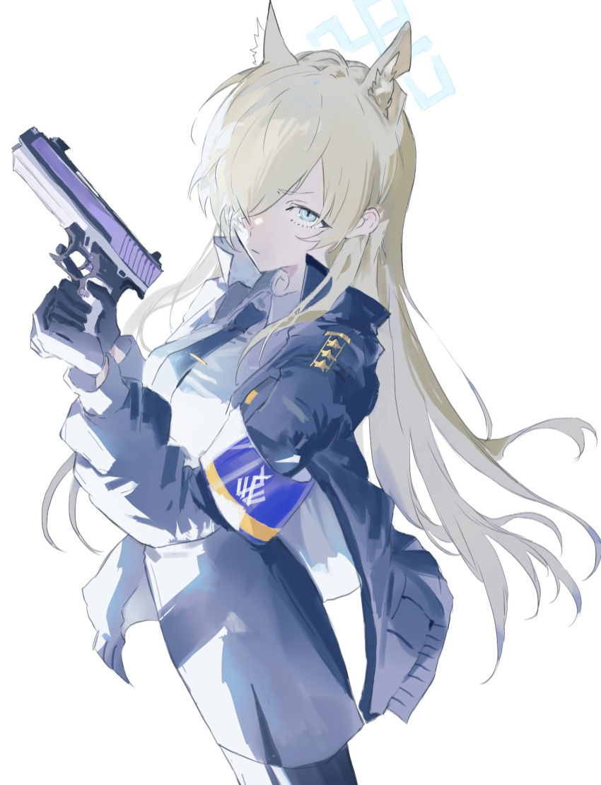 1girl animal_ear_fluff animal_ears black_gloves black_jacket black_necktie black_pantyhose black_skirt blonde_hair blue_archive blue_eyes blue_halo blue_shirt closed_mouth collared_shirt cowboy_shot gloves gun hair_over_one_eye halo highres holding holding_gun holding_weapon jacket kanna_(blue_archive) late_02 long_hair long_sleeves looking_at_viewer necktie open_clothes open_jacket pantyhose shirt simple_background skirt solo weapon white_background