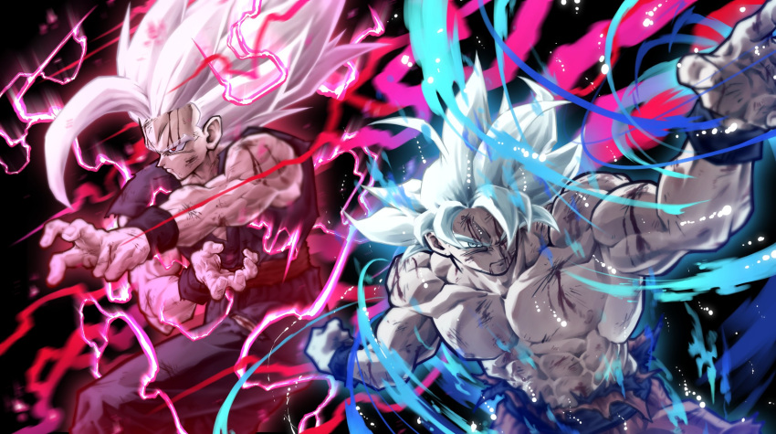 2boys abs antenna_hair aura bakarott biceps bleeding blood bruise dirty dougi dragon_ball dragon_ball_super dragon_ball_super_super_hero electricity father_and_son fighting_stance glowing gohan_beast highres injury multiple_boys muscular muscular_male pectorals serious son_gohan son_goku spiked_hair ultra_instinct white_hair wristband