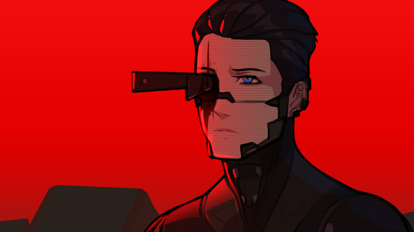 1boy adler_(signalis) android black_hair blade_runner_2049 blood blood_from_eyes blood_on_knife blue_eyes frown goslingposting_(meme) hair_slicked_back highres knife knife_in_head meme missing_eye object_through_head red_background short_hair signalis solo xuuikie_ashe