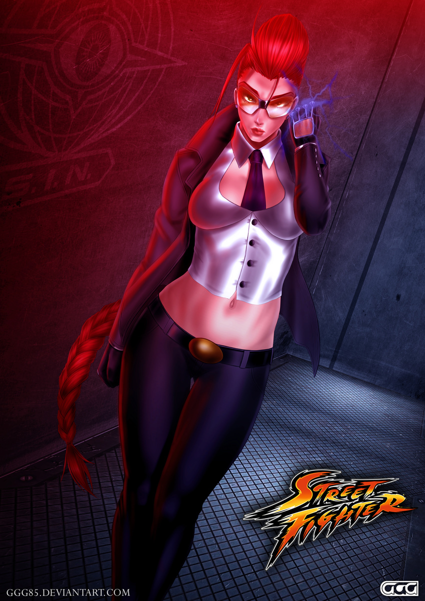 absurdres braid breasts coat crimson_viper dutch_angle electricity ggg_(gonzalogallianoniz) gloves highres lips long_hair midriff navel necktie pants pompadour red_hair shooting_glasses single_braid solo street_fighter street_fighter_iv_(series) very_long_hair