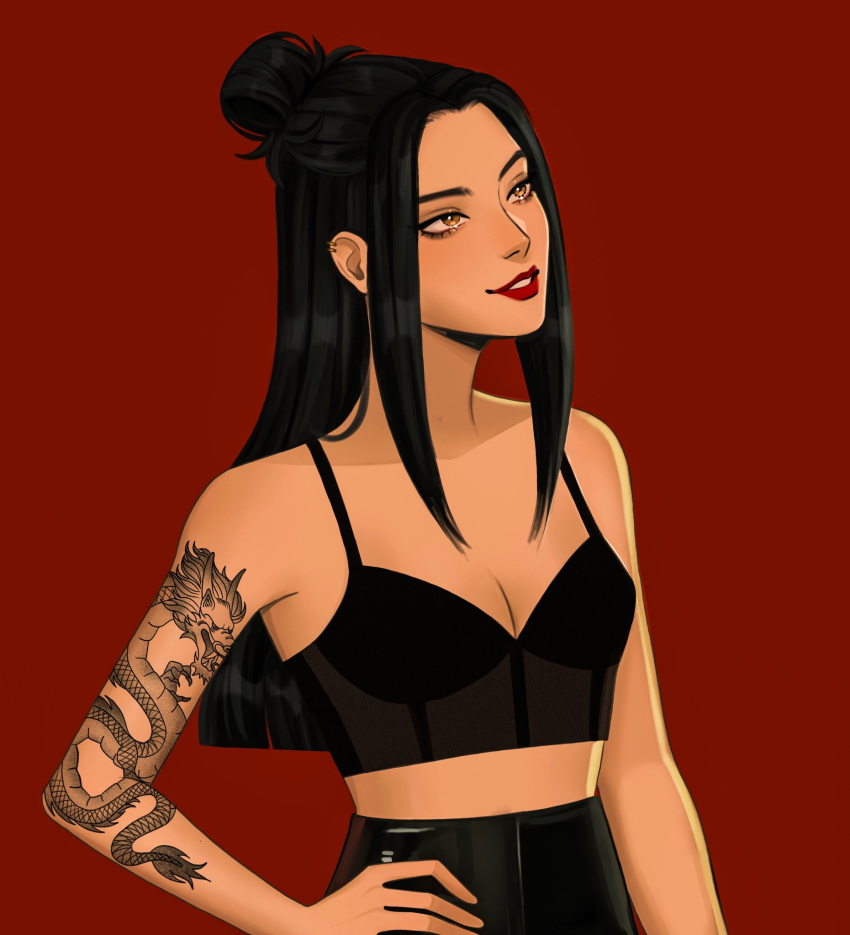 1girl arm_tattoo avatar:_the_last_airbender avatar_legends azula black_hair bra english_commentary gittanart half_updo hand_on_own_hip highres long_hair looking_up red_background red_lips sidelocks simple_background smile solo tattoo underwear upper_body