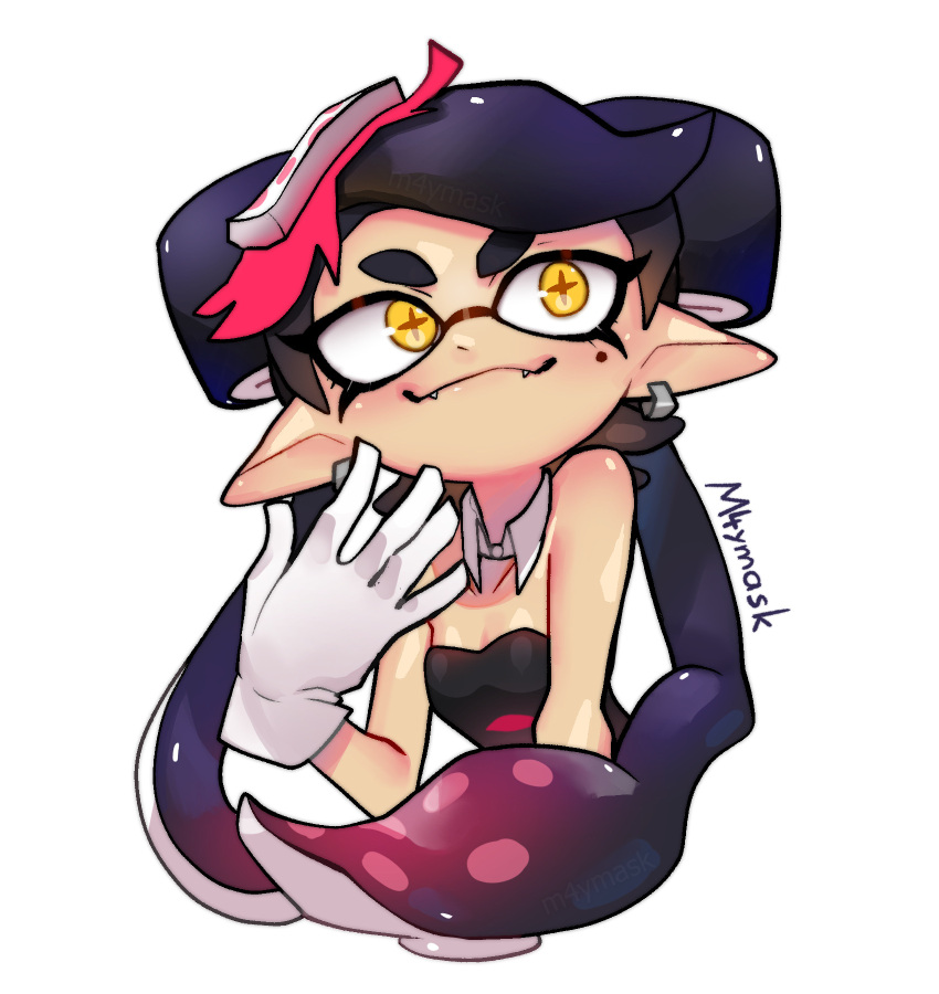 1girl :3 artist_name bare_shoulders black_bodysuit black_hair bodysuit callie_(splatoon) commentary cropped_torso cross-shaped_pupils detached_collar earrings english_commentary fangs gloves hair_ornament hands_on_own_face highres jewelry long_eyelashes long_hair looking_to_the_side m4ymask mole multicolored_hair pointy_ears portrait solo splatoon_(series) strapless_bodysuit symbol-shaped_pupils tentacle_hair two-tone_hair very_long_hair white_gloves white_hair yellow_eyes