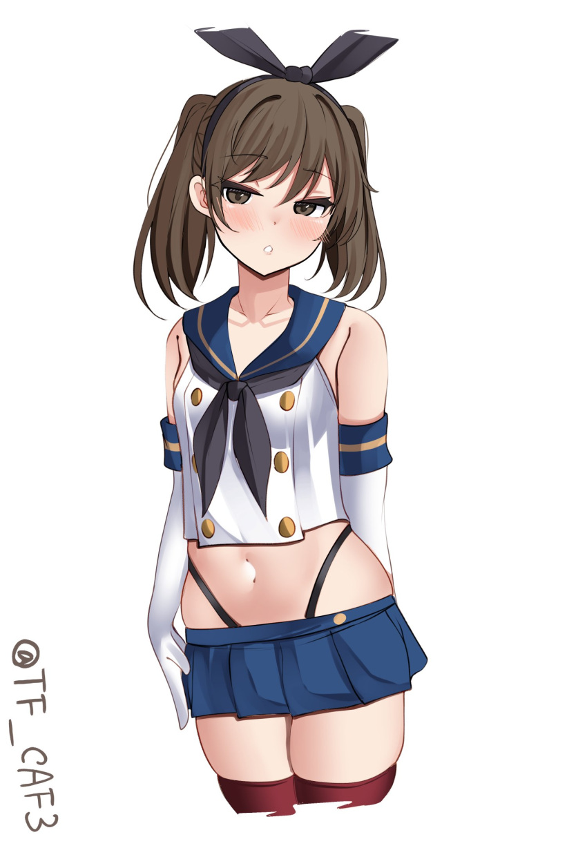 1girl black_hairband black_neckerchief black_panties blue_sailor_collar blue_skirt brown_eyes brown_hair commentary_request cosplay cowboy_shot crop_top elbow_gloves gloves hairband highleg highleg_panties highres kantai_collection long_hair looking_at_viewer microskirt miniskirt neckerchief one-hour_drawing_challenge panties pleated_skirt ryuujou_(kancolle) sailor_collar shimakaze_(kancolle) shimakaze_(kancolle)_(cosplay) shirt skirt sleeveless sleeveless_shirt solo striped_clothes striped_thighhighs tf_cafe thighhighs twintails underwear white_gloves