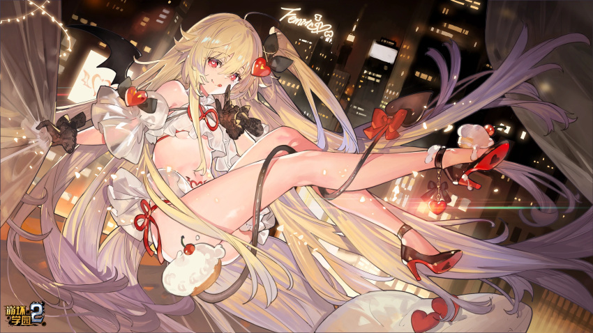1girl bare_shoulders bat_wings benghuai_xueyuan blonde_hair breasts building character_name city copyright_name detached_sleeves femirins_(benghuai_xueyuan) food full_body gloves hair_between_eyes hair_ornament heart heart-shaped_pupils heart_hair_ornament high_heels highres honkai_(series) logo long_hair navel night official_art pubic_tattoo red_eyes second-party_source skyscraper smile solo symbol-shaped_pupils tail tattoo tongue tongue_out underboob wings