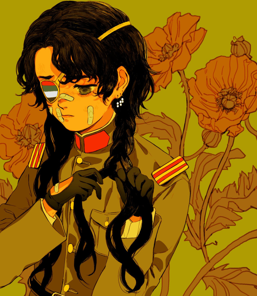 bandaid bandaid_on_cheek bandaid_on_face bandaid_on_nose black_gloves black_hair borrowed_character braiding_hair buttons eyepatch flower gloves grey_eyes hairdressing high_collar highres looking_down manchukuo manchukuo_(guiguxiaogui) manchukuo_flag military_uniform nanimonothing original personification uniform upper_body