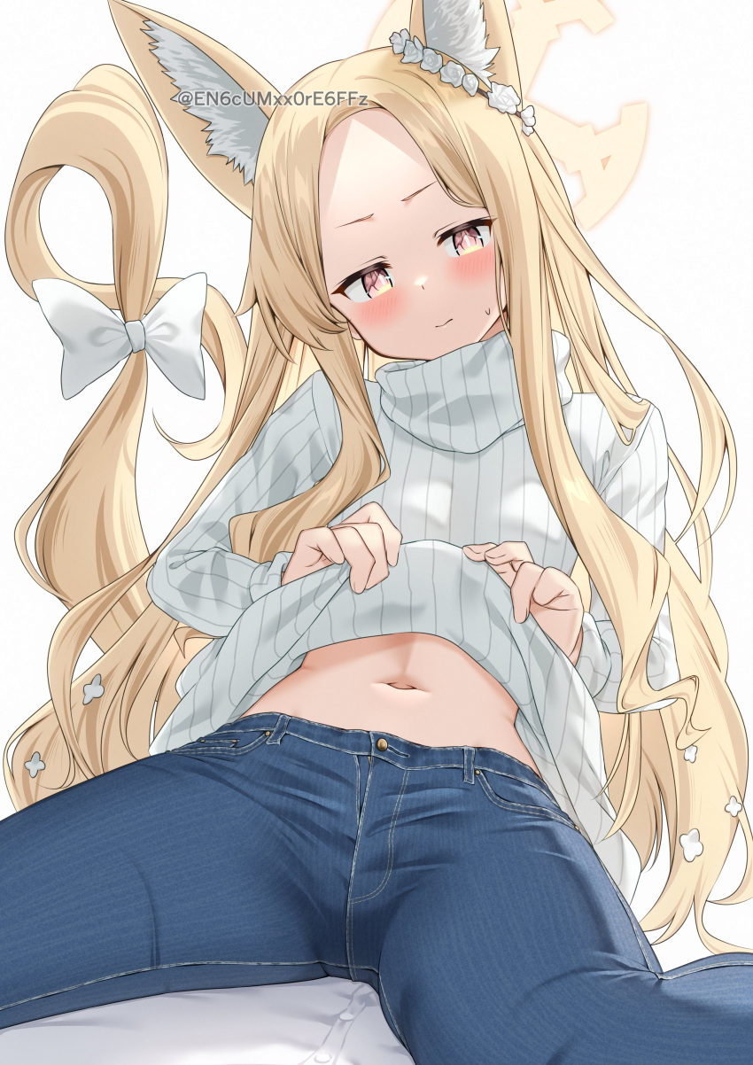 1girl absurdres alternate_costume animal_ear_fluff animal_ears blonde_hair blue_archive blue_pants blush bow closed_mouth clothes_lift denim fox_ears hair_bow highres jeans lifted_by_self long_hair long_sleeves looking_at_viewer navel pants ribbed_sweater seia_(blue_archive) simple_background sitting solo stomach sweater sweater_lift turtleneck turtleneck_sweater twitter_username white_background white_bow white_sweater yamano_rokamizu yellow_eyes