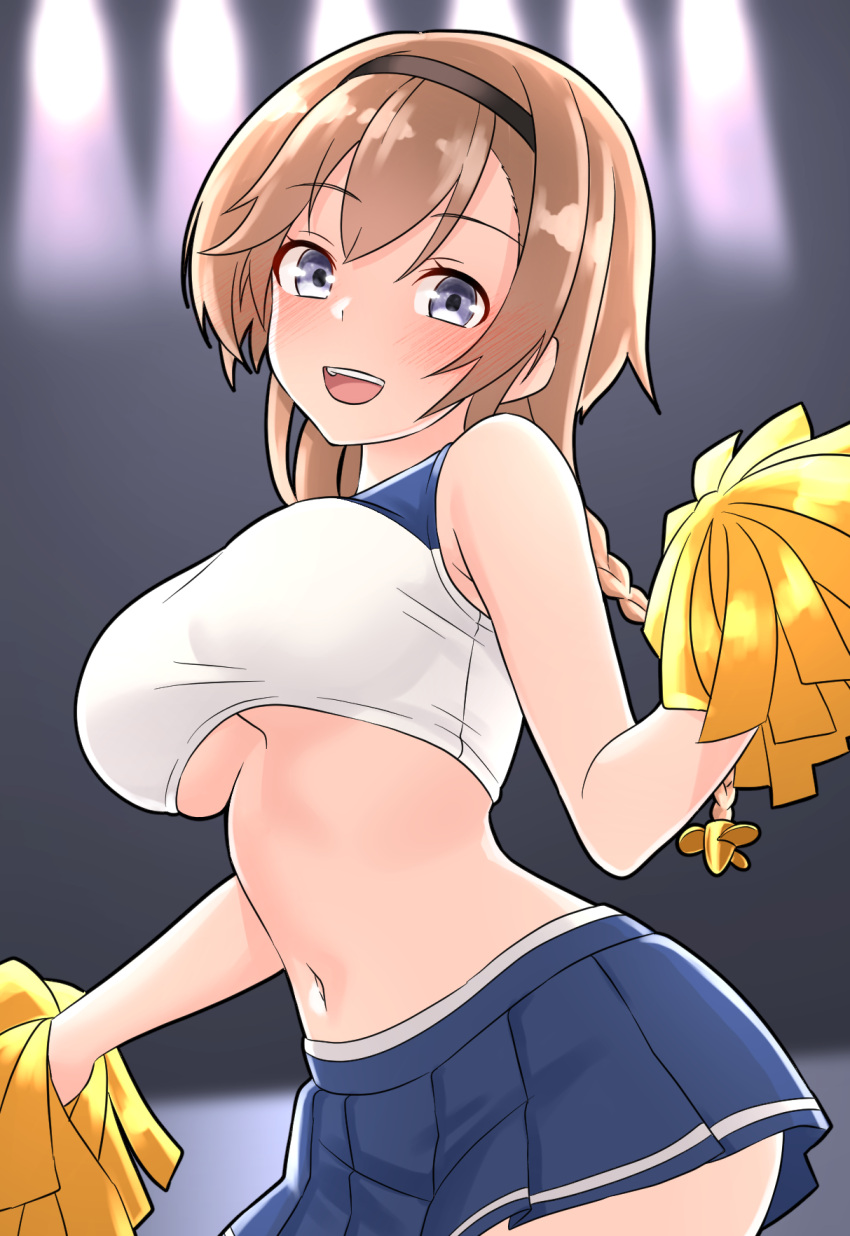 1girl blue_eyes blush braid breasts brown_hair cheerleader crop_top furaggu_(frag_0416) hairband highres holding holding_pom_poms kantai_collection large_breasts light_brown_hair long_hair looking_at_viewer midriff miniskirt navel open_mouth pleated_skirt pom_pom_(cheerleading) skirt smile solo teruzuki_(kancolle) twin_braids underboob