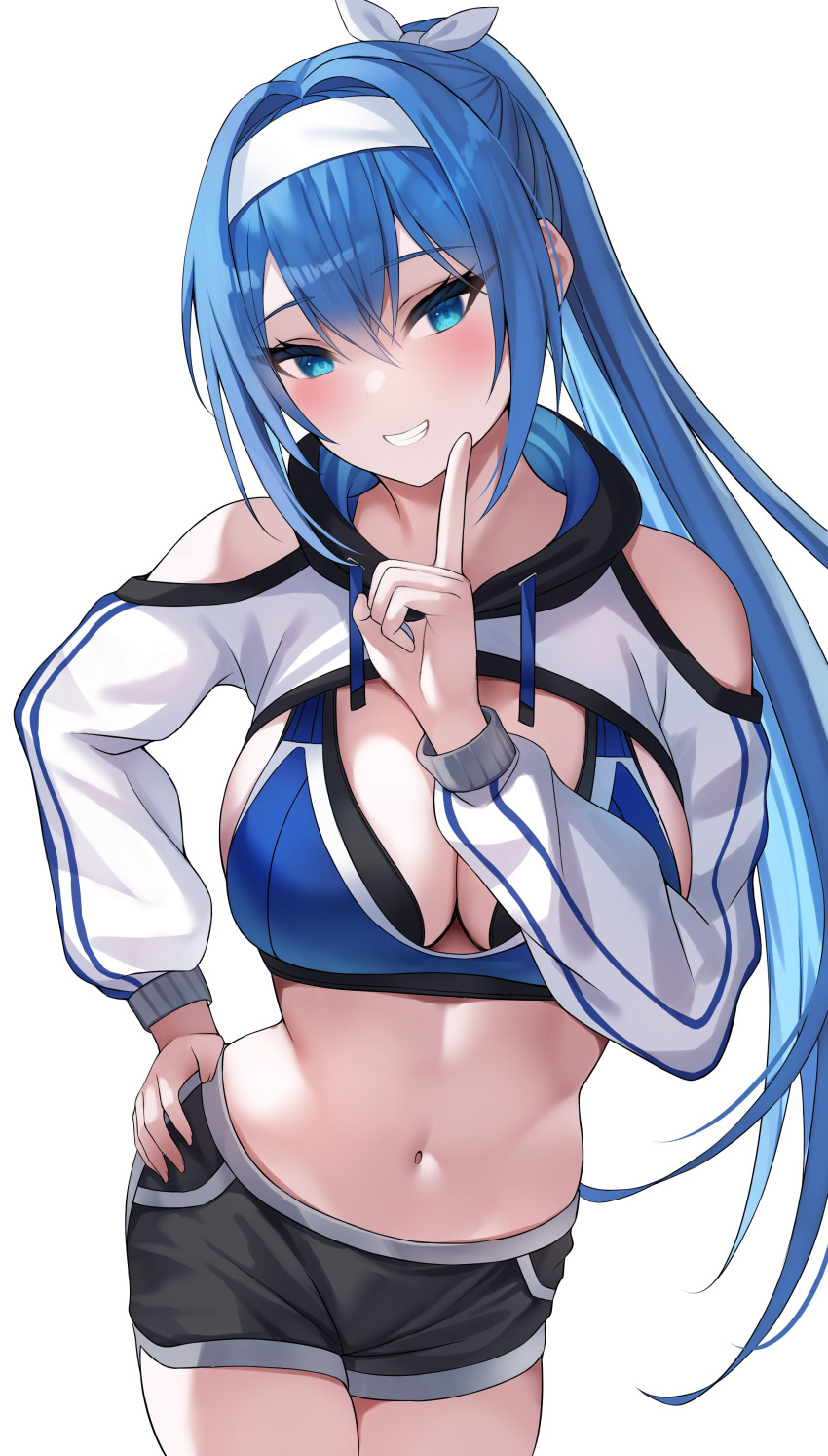 1girl absurdres alyssa_(specktech) black_shorts blue_eyes blue_hair blue_sports_bra blush breasts cleavage clothing_cutout commentary commission cropped_hoodie english_commentary grin hair_between_eyes hair_ribbon hairband hand_on_own_hip highres hood hoodie large_breasts long_hair long_sleeves looking_at_viewer nano_(syoutamho) navel original ponytail ribbon second-party_source shorts shoulder_cutout skeb_commission smile solo sports_bra standing teeth thighs white_hairband white_hoodie white_ribbon