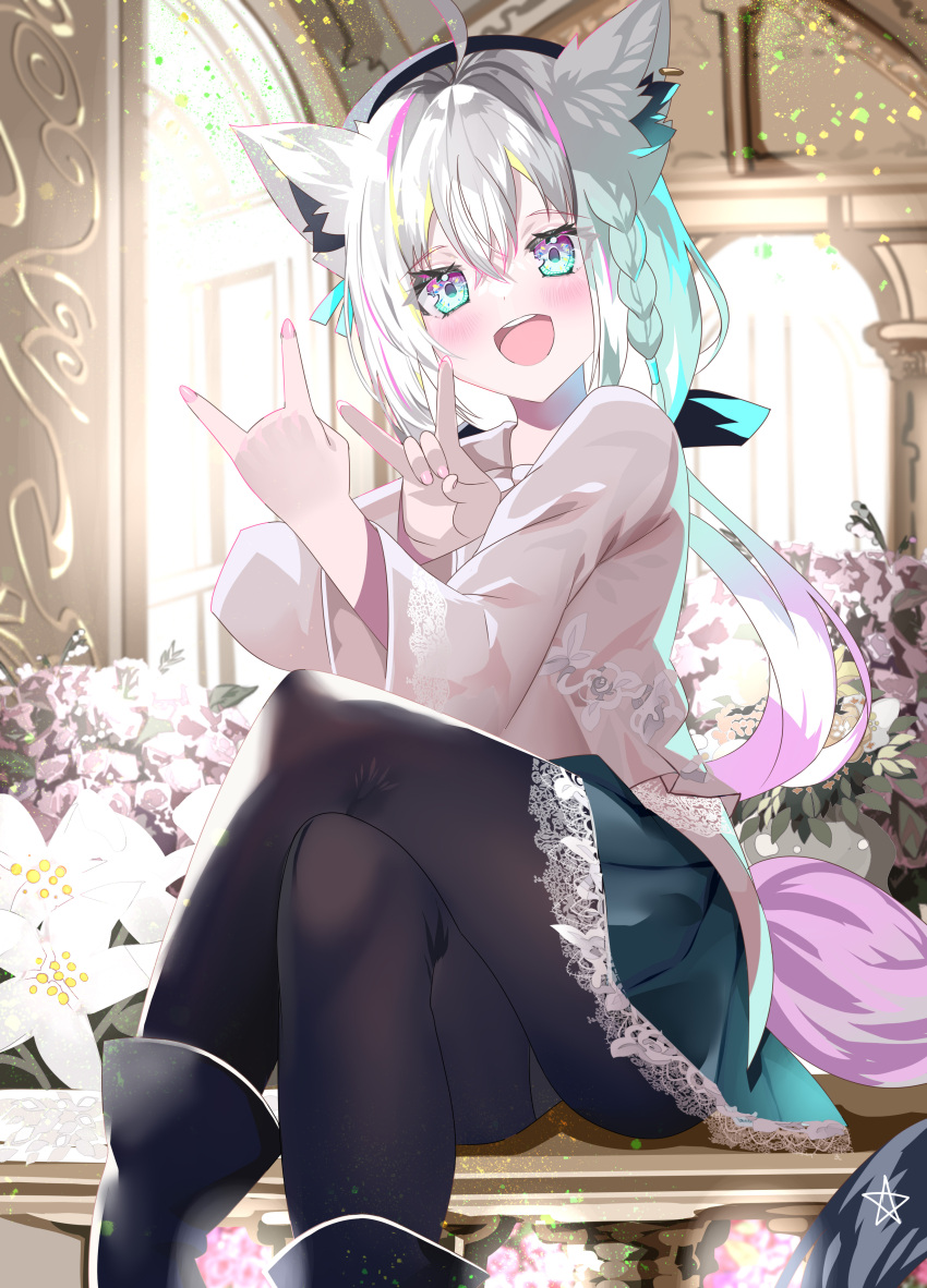 1girl absurdres ahoge animal_ear_fluff animal_ears black_pantyhose blush braid commentary_request crossed_legs double_fox_shadow_puppet earrings fox_ears fox_girl fox_shadow_puppet fox_tail green_eyes green_skirt hair_between_eyes highres hololive indoors jewelry long_hair looking_at_viewer open_mouth pantyhose pentagram shirakami_fubuki shirakami_fubuki_(3rd_costume) shirt sho_(runatic_moon) sidelocks single_braid sitting skirt solo tail virtual_youtuber white_hair white_shirt