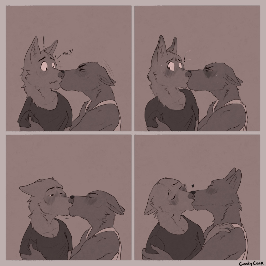 &lt;3 4_panel_comic anthro blush canid canine clothed clothing conkycorp duo embarrassed eyes_closed hi_res kissing male male/male mammal multiple_images nervous shirt tank_top topwear