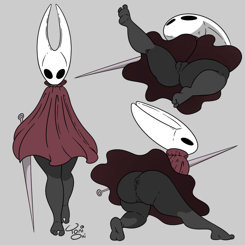 1:1 2_toes animal_humanoid anthro anus arachnid arachnid_humanoid arthropod arthropod_humanoid barefoot black_body bottomless bottomless_anthro bottomless_female bottomless_humanoid butt cloak clothed clothing crouching feet female genitals grey_background hollow_knight horn horned_humanoid hornet_(hollow_knight) humanoid insect insect_humanoid looking_at_viewer looking_back looking_up puffy_anus pussy raised_leg signature simple_background solo spider spider_humanoid standing team_cherry thick_thighs toes toni_oni weapon white_face