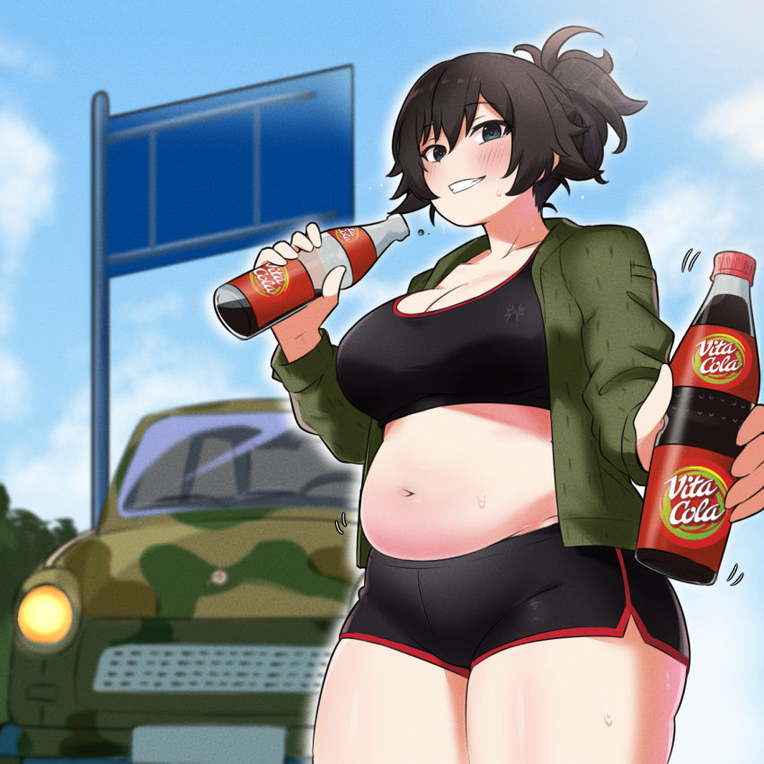 1girl alternate_hairstyle amogan black_shorts black_sports_bra blue_eyes blue_sky bottle breasts brown_hair camouflage car cleavage cloud cloudy_sky cola commentary commission day dolphin_shorts emblem english_commentary girls_und_panzer green_shirt grin hair_up hida_ema highres holding holding_bottle kuromorimine_(emblem) large_breasts long_sleeves looking_at_viewer micro_shorts motor_vehicle navel open_clothes open_shirt outdoors pixiv_commission plump shirt short_hair short_ponytail shorts sky smile soda_bottle solo sports_bra standing sweat