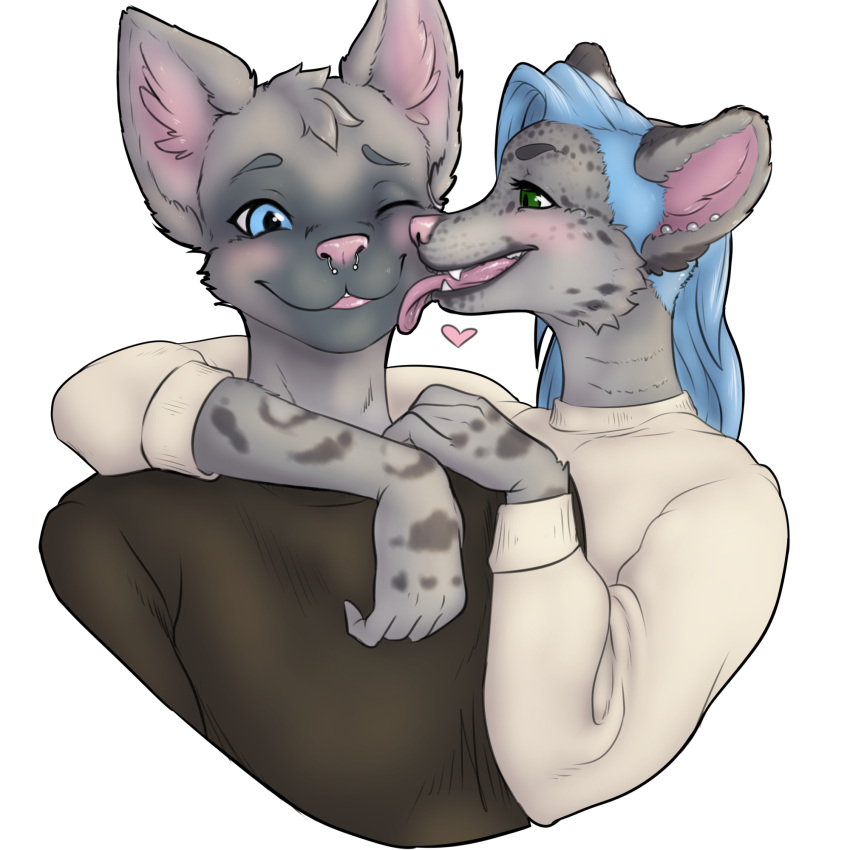 &lt;3 2017 anthro arm_around_shoulder barbell_piercing blue_eyes blue_hair blush brown_clothing brown_topwear catsby_(catsbym) cheek_lick circular_barbell_piercing clothing digital_drawing_(artwork) digital_media_(artwork) domestic_cat duo ear_piercing embrace eyebrows face_lick facial_piercing fangs felid feline felis female fish fur green_eyes grey_body grey_eyebrows grey_fur hair hand_on_another's_shoulder hand_on_shoulder head_tuft hi_res hybrid leopard_spots licking looking_at_another male mammal marine markings nose_piercing pantherine piercing pink_blush pink_inner_ear pink_nose pink_tongue romantic romantic_couple septum_circular_barbell septum_piercing shaded shark siamese simple_background smile snoe_(sneplord) snout snow_leopard soft_shading spots spotted_body spotted_fur strawberrycucumber sweater teeth tongue tongue_out topwear tuft undercut white_background white_clothing white_sweater white_topwear