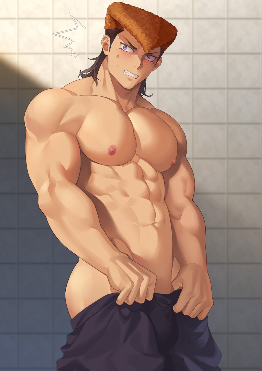 1boy abs ass bara black_hair blush brown_hair clenched_teeth clothes_pull danganronpa:_trigger_happy_havoc danganronpa_(series) highres large_pectorals male_focus multicolored_hair muscular muscular_male navel nipples owada_mondo p3ta_(yio) pants pants_pull pectorals pompadour purple_eyes short_hair solo sweat teeth topless_male two-tone_hair