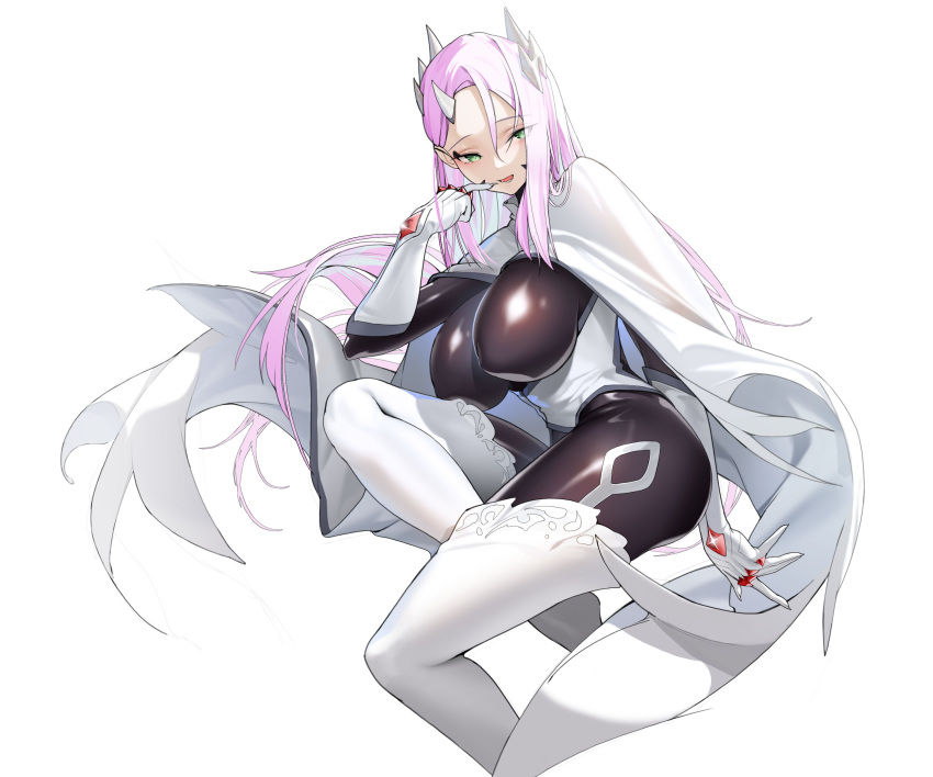 1girl absurdres black_bodysuit bodysuit boots breasts cape gloves green_eyes highres horns impossible_clothes large_breasts long_hair mato_seihei_no_slave najiu_jiao_xiaolan_ba pink_hair shiny_clothes skin_tight thigh_boots white_cape white_footwear white_gloves yuno_naon