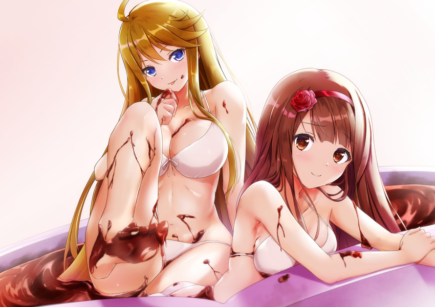 2girls absurdres ahoge bare_shoulders barefoot bikini blue_eyes blush breasts brown_eyes brown_hair chocolate_bath cleavage closed_mouth collarbone dot_nose flower food food_on_body food_on_face front-tie_bikini_top front-tie_top gradient_background hair_flower hair_ornament hairband hand_up highres idolmaster idolmaster_million_live! idolmaster_million_live!_theater_days large_breasts leg_up light_brown_background long_hair looking_at_viewer masaki728o medium_breasts multiple_girls red_flower red_hairband red_rose rose shy sitting smile soles swept_bangs swimsuit tanaka_kotoha toes tokoro_megumi tongue tongue_out white_bikini