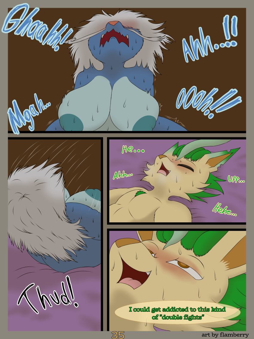 3:4 absurd_res after_sex anthro aurora_daiken big_breasts blue_body blush bodily_fluids breasts canid canine comic dialogue digital_drawing_(artwork) digital_media_(artwork) duo eeveelution english_text fainted female female_penetrated flamberry_(artist) fur generation_4_pokemon generation_5_pokemon hair hi_res leafeon lyennan_venizee_flare_(flamberry) male male/female male_penetrating male_penetrating_female mammal nintendo nipples nude onomatopoeia open_mouth penetration pokemon pokemon_(species) samurott sex simple_background slightly_chubby smile sound_effects speech_bubble text tongue