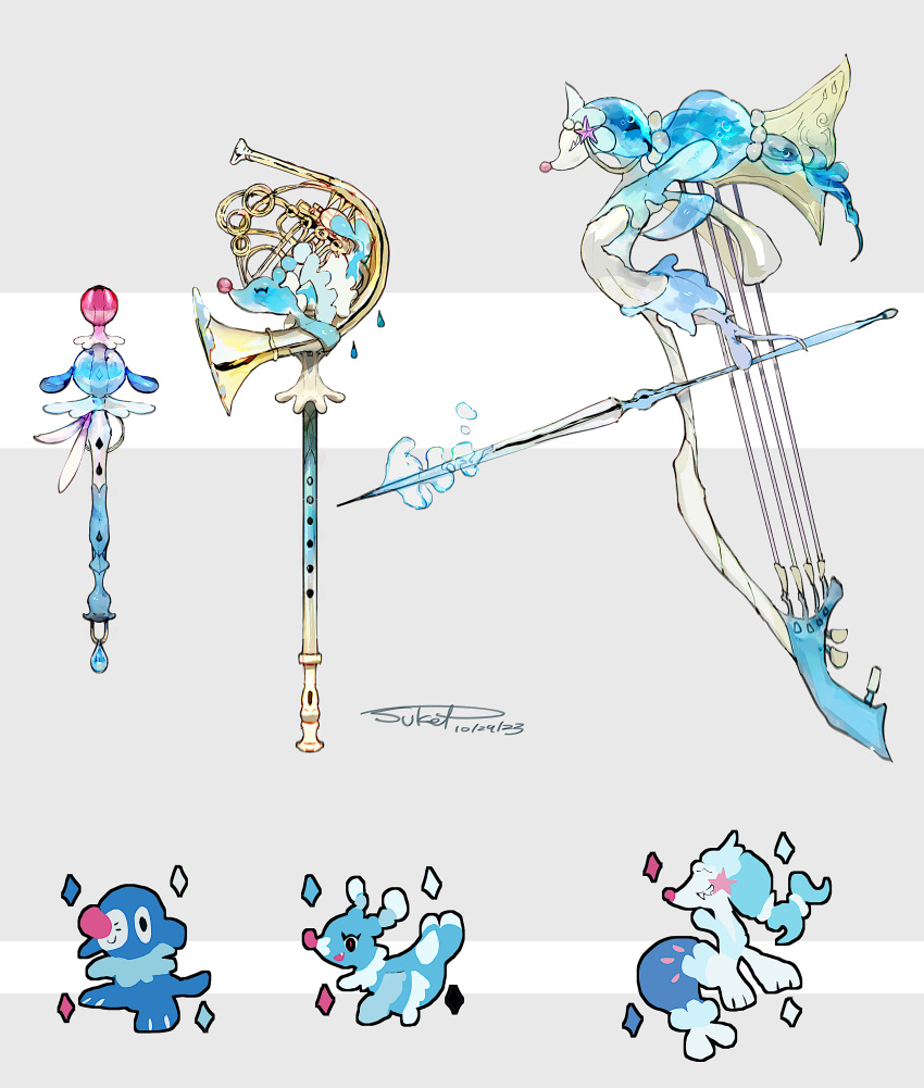 absurdres blue_theme bow_(music) bow_(weapon) brionne dated evolutionary_line flute french_horn grey_background highres instrument instrument_fusion instrument_request no_humans objectification pokemon pokemon_(creature) popplio primarina signature sukepmonster themed_object water weapon white_background