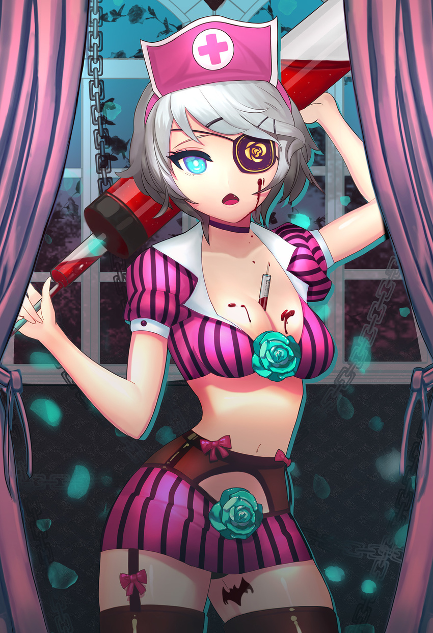 between_breasts blood blood_on_face blood_splatter blue_eyes breasts chain cleavage crop_top curtains eyepatch fang flower garter_belt hair_ornament hairclip hat highres holding iri_flina looking_at_viewer medium_breasts midriff navel nurse nurse_cap open_mouth panties ribbon shiny shiny_skin short_hair silver_hair skirt solo striped_clothes sword_girls syringe thighhighs underwear window