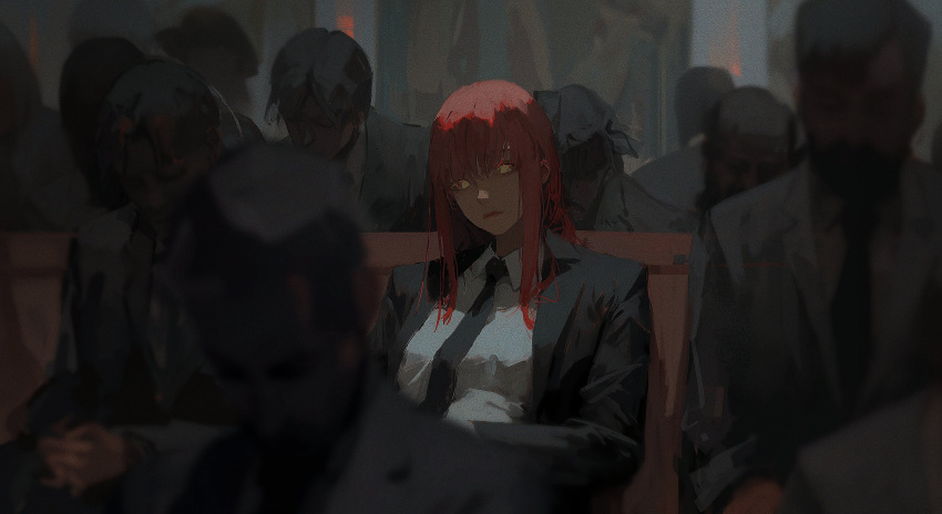 1girl 6+others 96yottea black_jacket black_necktie black_suit chainsaw_man closed_mouth collared_shirt formal hair_between_eyes highres indoors jacket light_smile long_hair looking_at_viewer makima_(chainsaw_man) multiple_others necktie no_pupils people red_hair shirt sidelocks sitting solo_focus suit white_shirt yellow_eyes