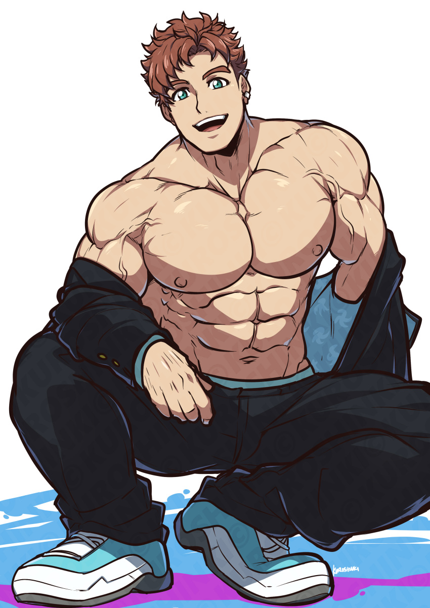 1boy abs absurdres asamine_matakara bara black_jacket black_pants blue_eyes brown_hair bucchigiri highres jacket kuroshinki large_pectorals male_focus muscular muscular_male navel nipples open_clothes open_jacket open_mouth pants pectorals short_hair smile solo squatting