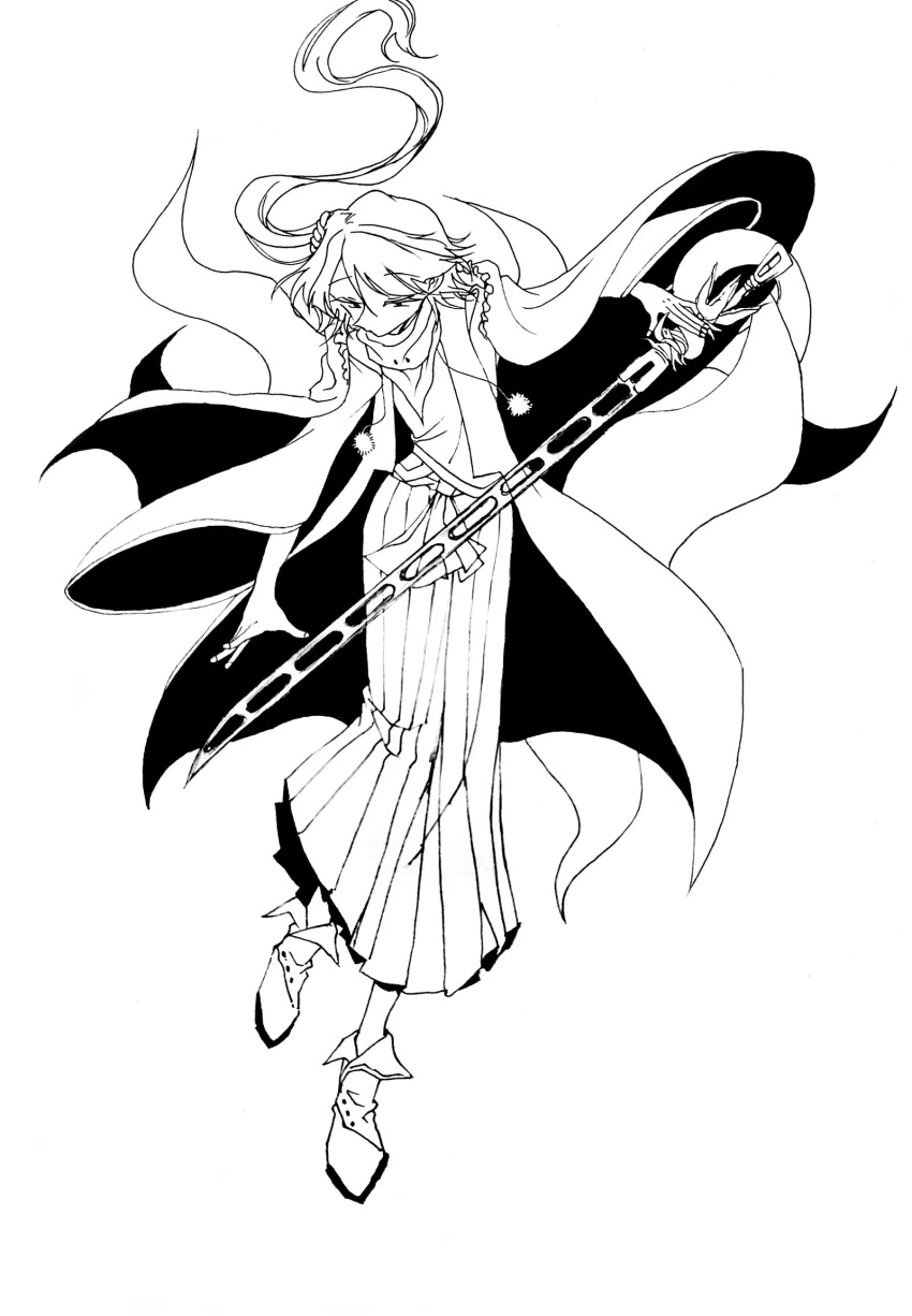 1other adagumo_no_yaorochi androgynous chinese_commentary coat commentary_request full_body greyscale gud_490811 hakama hakama_skirt high_collar highres holding holding_sword holding_weapon japanese_clothes kimono len'en long_hair monochrome multiple_tails open_clothes open_coat other_focus ponytail simple_background skirt snake_tail solo sword tail tasouken weapon white_background