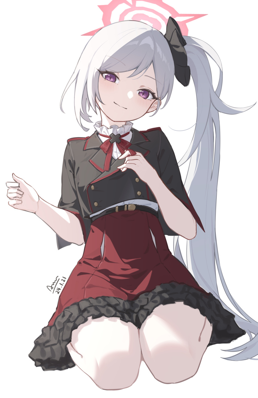 1girl absurdres black_scrunchie black_shirt blue_archive blush chiyo_akira closed_mouth frilled_skirt frills grey_hair hair_ornament hair_scrunchie halo highres long_hair mutsuki_(blue_archive) purple_eyes red_halo red_skirt scrunchie shirt short_sleeves side_ponytail signature simple_background skirt smile solo white_background