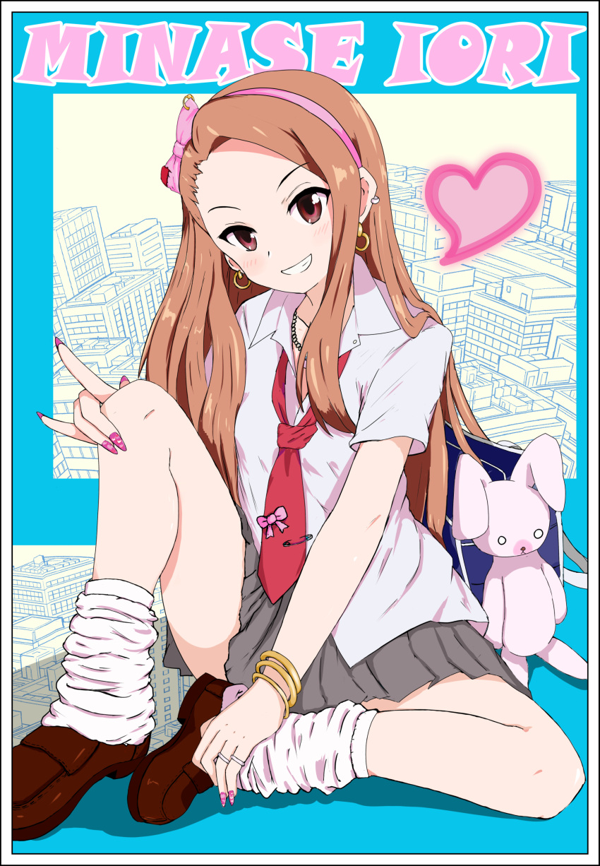 1girl \m/ absurdres bow bracelet brown_eyes brown_footwear character_name city collarbone commentary_request earrings gyaru hair_behind_ear hair_bow hairband heart highres idolmaster idolmaster_(classic) jewelry kogal long_hair minase_iori multiple_rings nail_polish necklace necktie pink_bow pink_hairband pink_nails red_necktie ring sitting smile solo stuffed_animal stuffed_rabbit stuffed_toy tube_socks very_long_hair yuzu_(yuzunoha14)