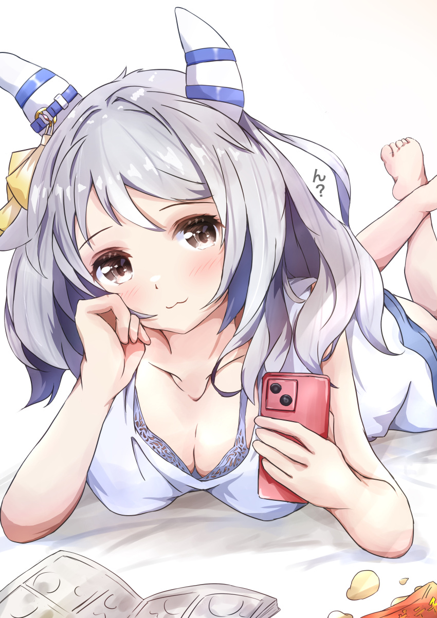 1girl :3 absurdres animal_ears barefoot book bra breasts brown_eyes cellphone chips_(food) cleavage collarbone ear_covers food grey_hair highres hishi_miracle_(umamusume) holding holding_phone horse_ears horse_girl looking_at_viewer medium_breasts medium_hair open_book phone potato_chips shirt simple_background smartphone solo sugi_(user_nash8444) swept_bangs translated umamusume underwear white_background white_shirt