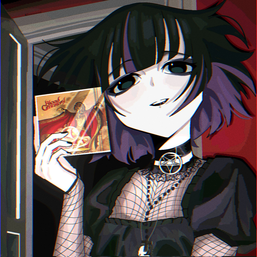 1girl album_cover black_lips bocchi_the_rock! cd_case choker cover cross cross_necklace fishnets gothic green_eyes highres irreligiositat jewelry multicolored_hair necklace pa-san pale_skin pentagram short_hair upper_body