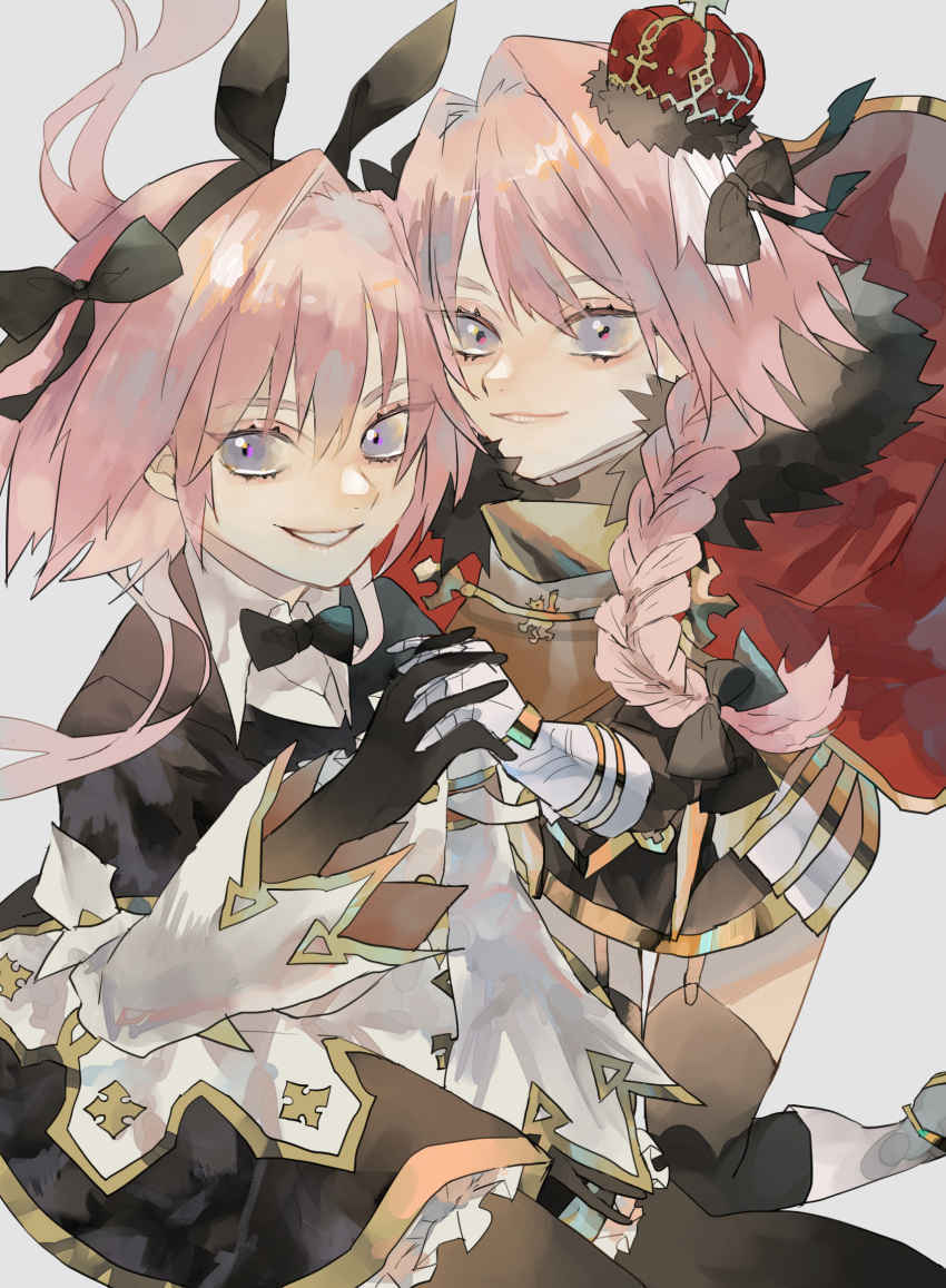 2boys animal_ears astolfo_(fate) astolfo_(saber)_(fate) astolfo_(saber)_(third_ascension)_(fate) black_bow black_bowtie black_gloves black_thighhighs bow bowtie braid cape crown dress dual_persona emasrrkn fake_animal_ears fate/apocrypha fate/grand_order fate_(series) fur-trimmed_cape fur_trim gauntlets gloves hair_bow highres holding_hands long_hair multicolored_hair multiple_boys otoko_no_ko pink_hair purple_eyes rabbit_ears red_cape simple_background skirt smile streaked_hair thighhighs twintails white_background white_hair wing_collar