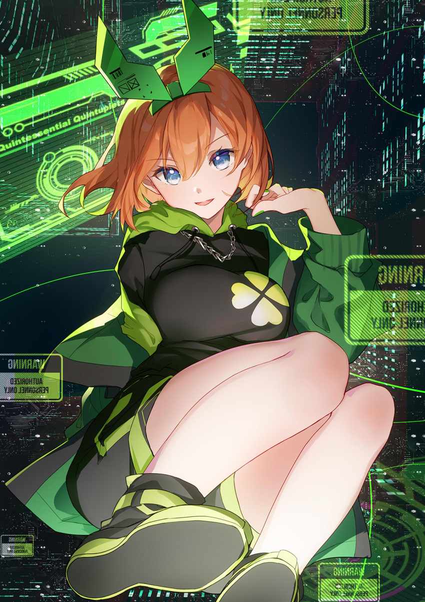 1girl alternate_costume bison_cangshu black_footwear black_shirt black_shorts blue_eyes boots breasts clover_print colored_eyelashes commentary curvy double-parted_bangs eyelashes floating_hair foot_out_of_frame foreshortening go-toubun_no_hanayome green_jacket green_nails green_ribbon green_theme hair_between_eyes hair_ribbon hand_up highres jacket knees_up large_breasts looking_at_viewer medium_hair nail_polish nakano_yotsuba open_clothes open_jacket open_mouth orange_hair ribbon shirt shoe_soles shorts sign smile solo v-shaped_eyebrows warning_sign