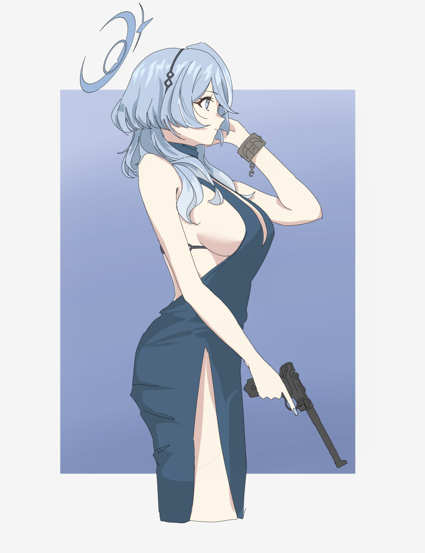 1boy 1girl absurdres ako_(blue_archive) ako_(dress)_(blue_archive) arm_up backless_dress backless_outfit blue_archive blue_dress blue_eyes blue_hair blue_halo breasts cuffs dress gun halo highres jewelry large_breasts simple_background solo soutou_nagi weapon