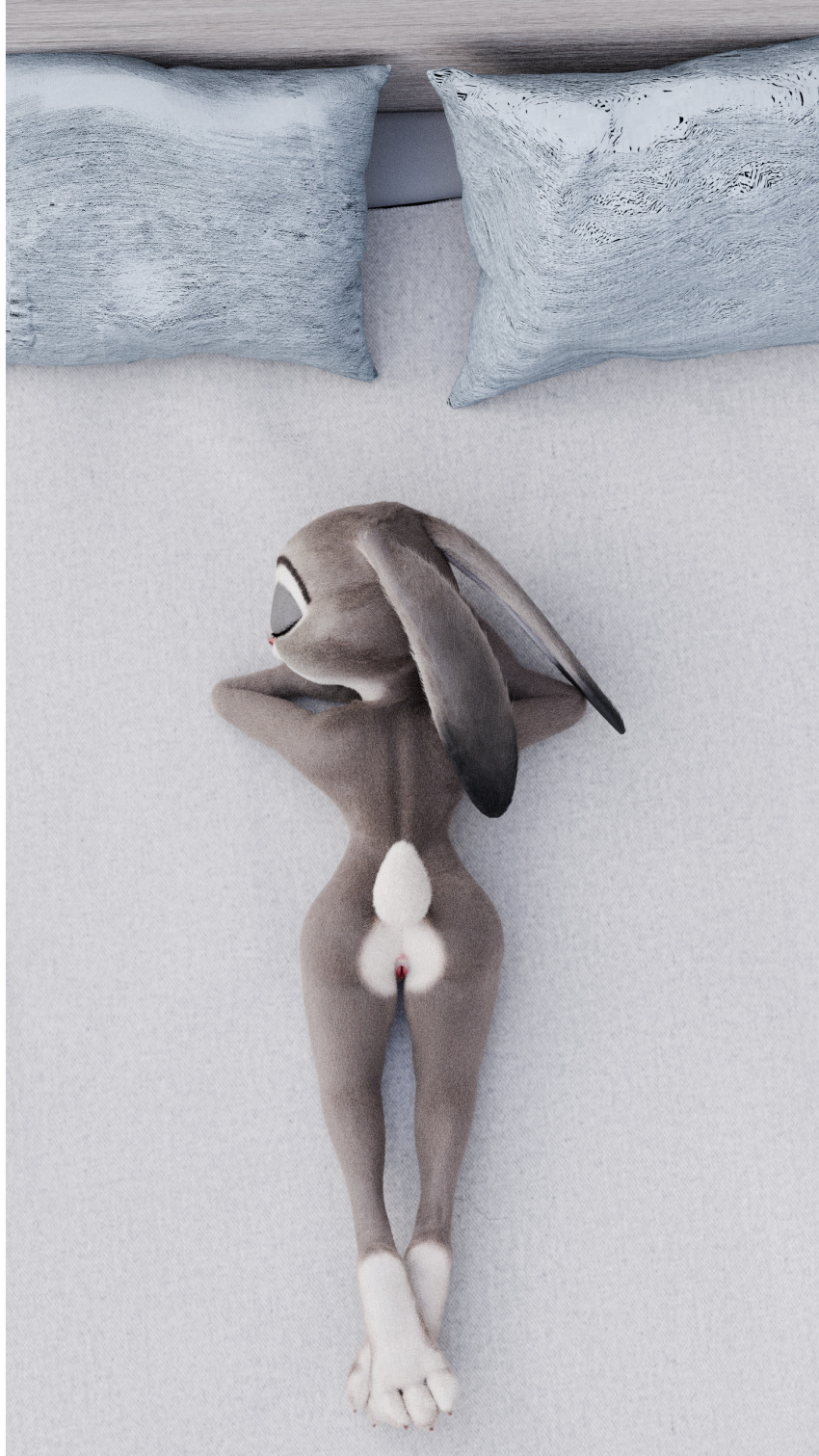 3_toes 3d_(artwork) 9:16 absurd_res anthro bed cotg_(artist) crossed_feet digital_media_(artwork) disney ears_down eyes_closed feet female fur furniture grey_body grey_fur hi_res judy_hopps lagomorph leporid lying mammal multicolored_body nude on_front paws pivoted_ears presenting rabbit relaxing sleeping solo toes zootopia