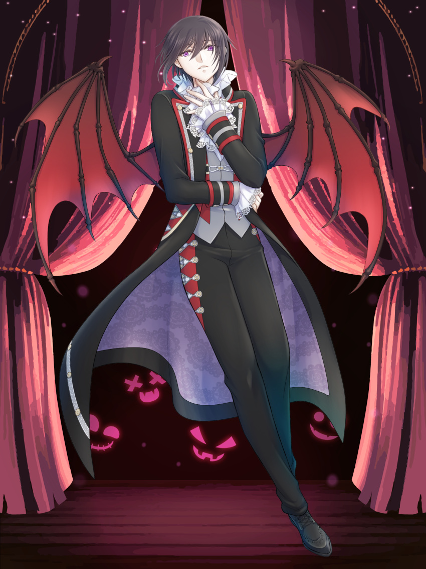 1boy alpaca_connect bat_wings black_coat black_footwear black_hair black_pants coat cross-laced_footwear curtains frilled_shirt_collar frilled_sleeves frills full_body grey_vest hair_between_eyes hand_up highres lace-trimmed_sleeves lace_trim lapels looking_at_viewer male_focus mochizuki_sora notched_lapels official_art pants parted_lips purple_eyes red_wings shirt short_hair solo two-sided_coat two-sided_fabric vampire vest white_shirt wings