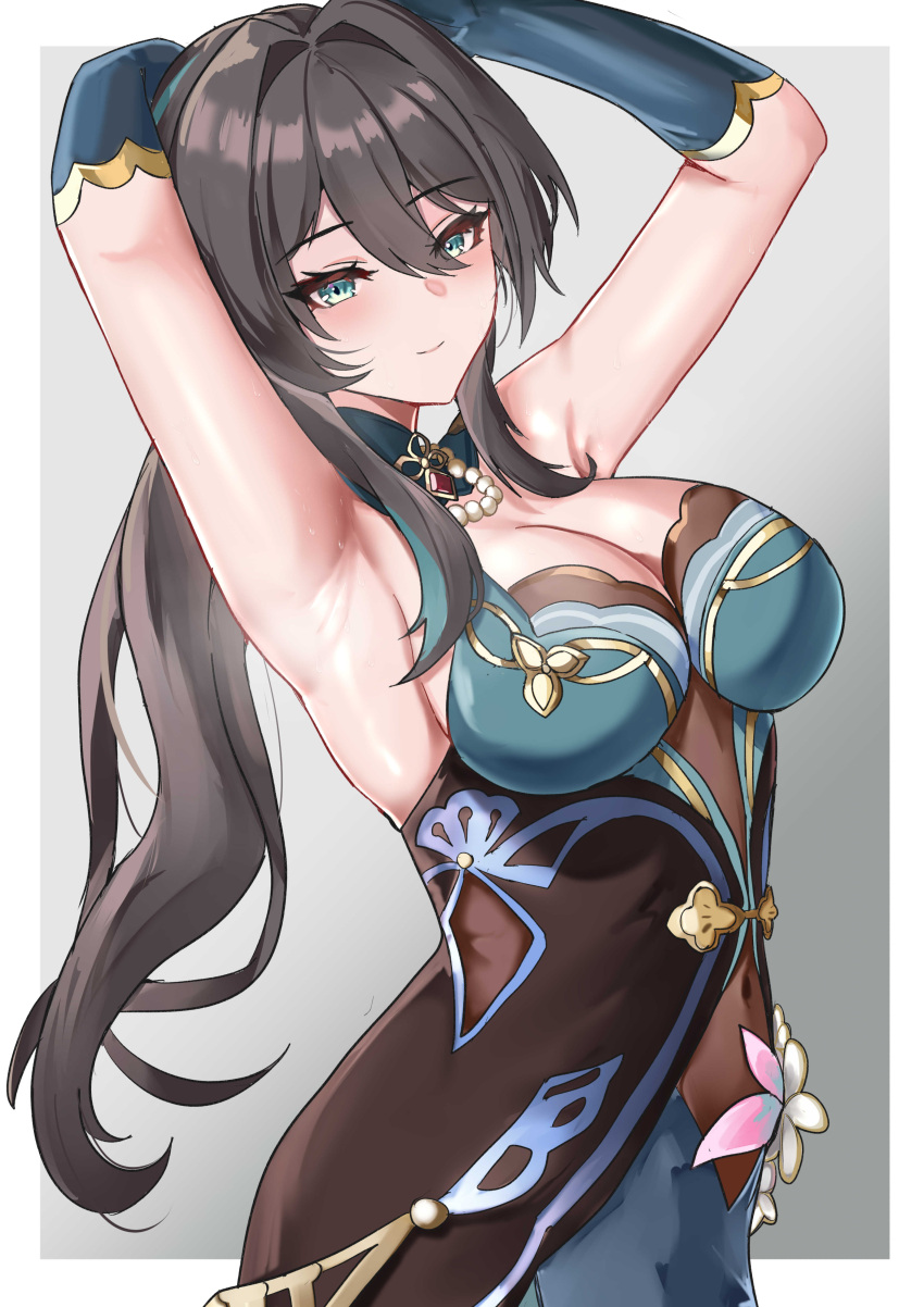 1girl absurdres aqua_eyes armpits arms_up border breasts brown_hair cleavage covered_navel curvy detached_collar dress elbow_gloves flower_ornament gloves gradient_background hair_between_eyes highres honkai:_star_rail honkai_(series) jewelry large_breasts light_smile long_hair looking_at_viewer necklace pearl_necklace ponytail ruan_mei_(honkai:_star_rail) sideboob sidelocks simple_background sleeveless sleeveless_dress solo sweat tian_kazuki upper_body white_border