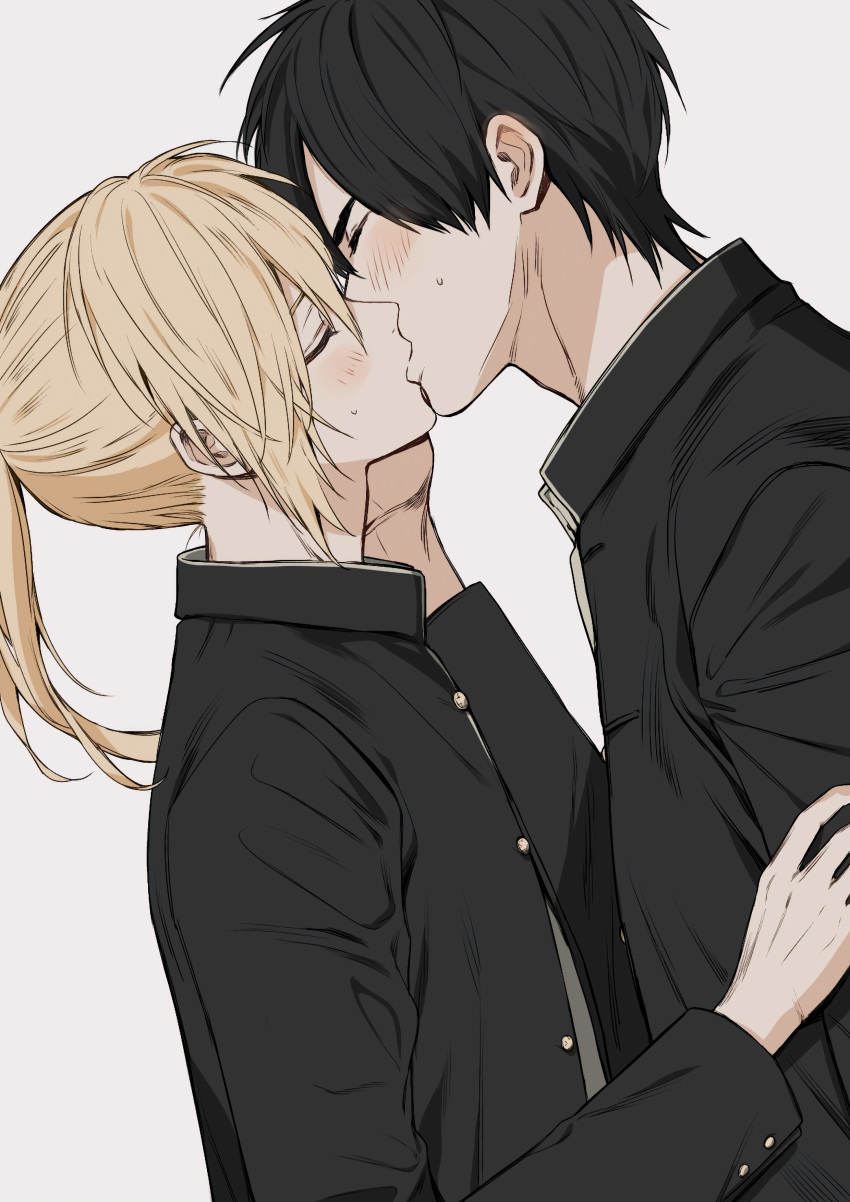 2boys absurdres androgynous black_hair blonde_hair blush closed_eyes couple ear_blush from_side hair_between_eyes hand_on_another's_cheek hand_on_another's_face highres kiss long_hair male_focus multiple_boys okusawa_ritsu original ponytail profile school_uniform short_hair sweatdrop white_background yaoi